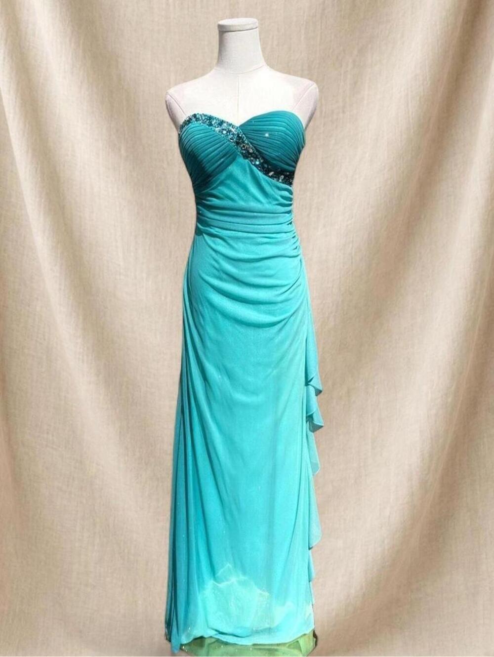Y2K Teal Ruched Ombré Maxi Dress with beading and shimmer